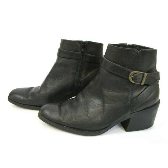 Jasmin Sport Black Leather Ankle Boots Womens Strapeze 8M Block Heel Zipper - Picture 1 of 11